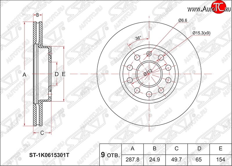 2 599 р. Диск тормозной SAT (вентилируемый, d288 мм) Audi A3 8PA хэтчбэк 5 дв. 1-ый рестайлинг (2004-2008)  с доставкой в г. Новочеркасск