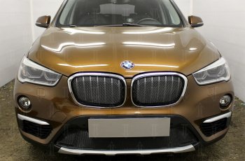 6 549 р. Защитная сетка радиатора в бампер Стрелка 11 Премиум (алюминий)  BMW X1  F48 (2015-2019) дорестайлинг (Цвет: черный)  с доставкой в г. Новочеркасск. Увеличить фотографию 2