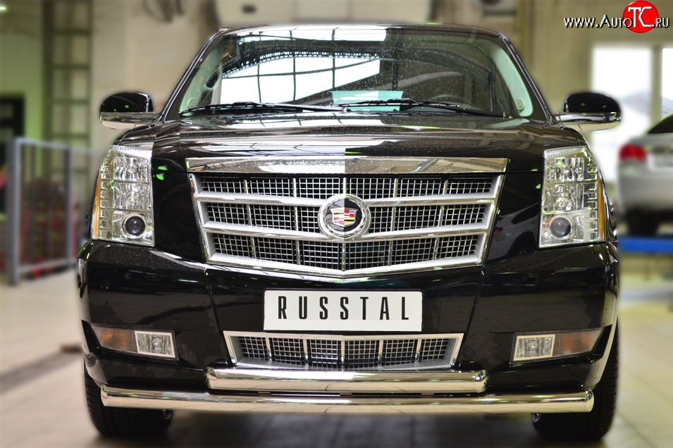 22 299 р. Защита переднего бампера (2 трубыØ76 мм, нержавейка) Russtal Cadillac Escalade GMT926 джип 5 дв. короткая база (2006-2014)  с доставкой в г. Новочеркасск