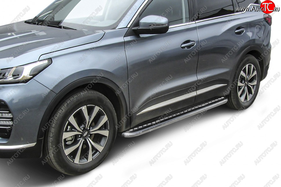 15 499 р. Защита порогов Slitkoff (Ø 57 мм, с листом) Chery Tiggo 7 PRO (2019-2024) (Нержавеющая сталь)  с доставкой в г. Новочеркасск