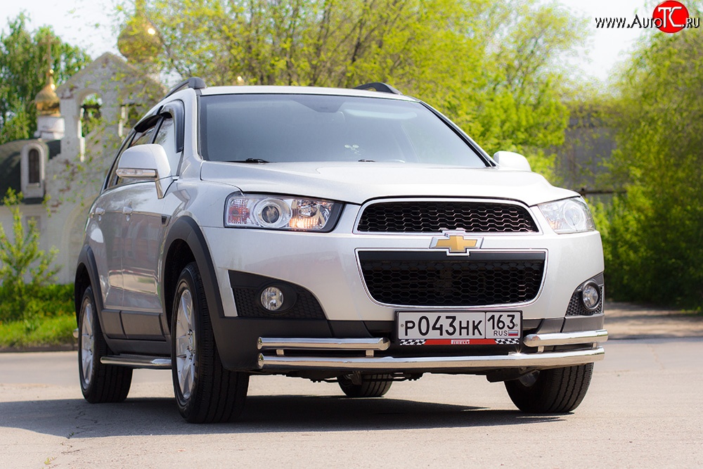 3 879 р. Двойная защита переднего бампера из труб диаметром 63 и 51 мм Petroil Tuning Chevrolet Captiva 1-ый рестайлинг (2011-2013) (Нержавейка)  с доставкой в г. Новочеркасск