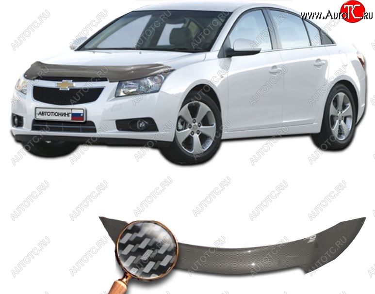 2 659 р. Дефлектор капота CA-Plastiс  Chevrolet Cruze ( J300,  D2LC) (2009-2018) седан дорестайлинг, седан рестайлинг, седан дорестайлинг (Шелкография карбон-серебро)  с доставкой в г. Новочеркасск