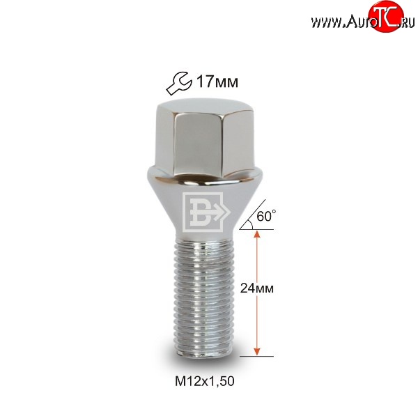 112 р. Колёсный болт длиной 24 мм Вектор M12 1.5 24 под гаечный ключ (пос.место: конус) Hyundai Atos (2004-2007)