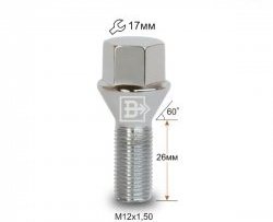 Колёсный болт длиной 26 мм Вектор M12 1.5 26 под гаечный ключ (пос.место: конус) Chrysler Town and Country NS, GS минивэн (1995-2000) 