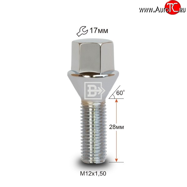 112 р. Колёсный болт длиной 28 мм Вектор M12 1.5 28 под гаечный ключ (пос.место: конус) Chery Tiggo 5 (T21) дорестайлинг (2014-2017)