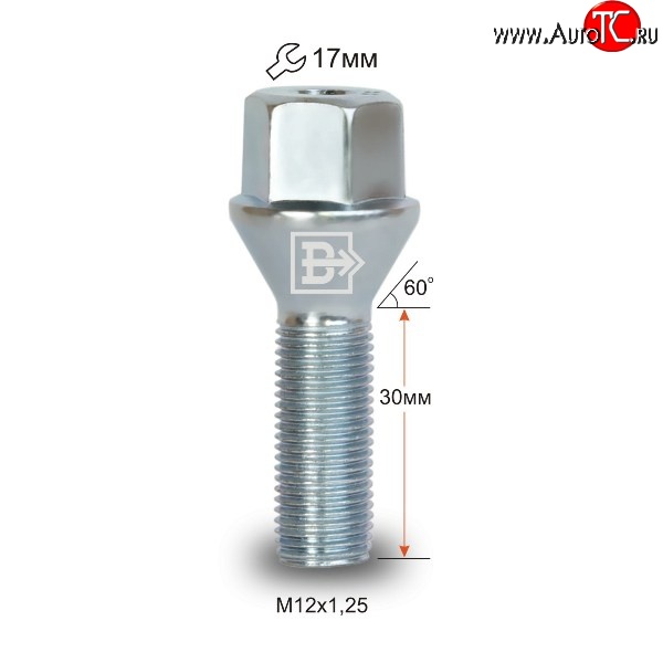 52 р. Колёсный болт длиной 30 мм Вектор M12 1.25 30 под гаечный ключ CITROEN Berlingo K9 (2018-2023)