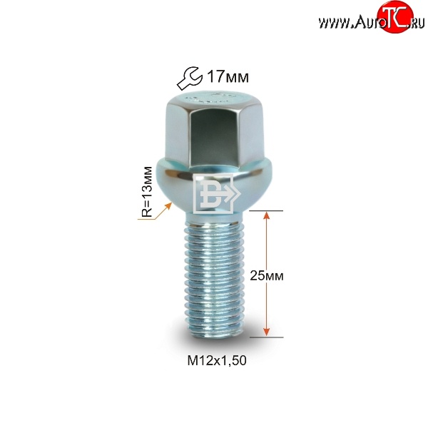 107 р. Колёсный болт длиной 25 мм Вектор M12 1.5 25 под гаечный ключ Daewoo Lanos T100 дорестайлинг, седан (1997-2002)