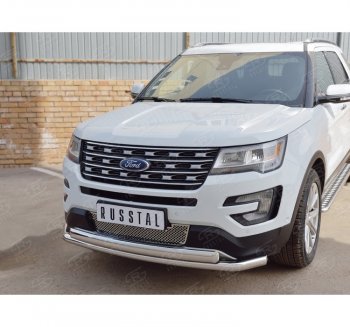 Защита переднего бампера (2 трубыØ63 и 75х42 мм, нержавейка) Russtal Ford Explorer U502 2-ой рестайлинг, 5 дв. (2017-2019)