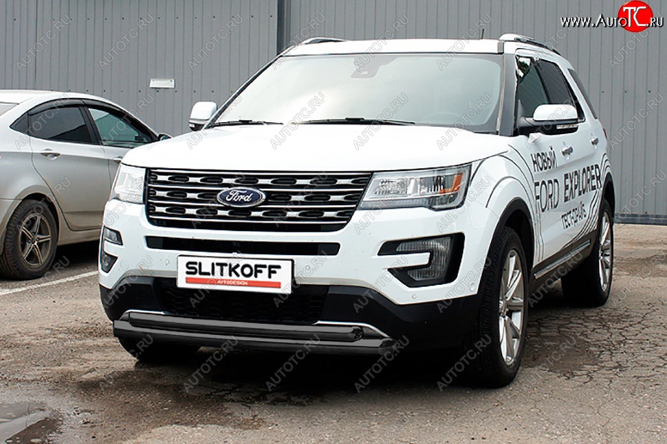 11 799 р. Защита переднего бампера Slitkoff (двойная, d76/57 мм)  Ford Explorer  U502 (2015-2018) 1-ый рестайлинг, 5 дв. (Сталь с полимерным покрытием. Цвет: чёрный)  с доставкой в г. Новочеркасск