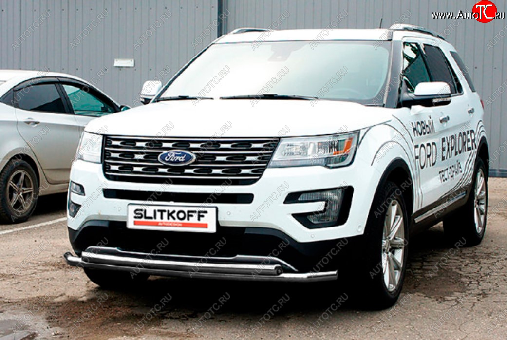 10 399 р. Защита переднего бампера Slitkoff (двойная, Ø57/57 мм)  Ford Explorer  U502 (2015-2018) 1-ый рестайлинг, 5 дв. (Цвет: серебристый)  с доставкой в г. Новочеркасск