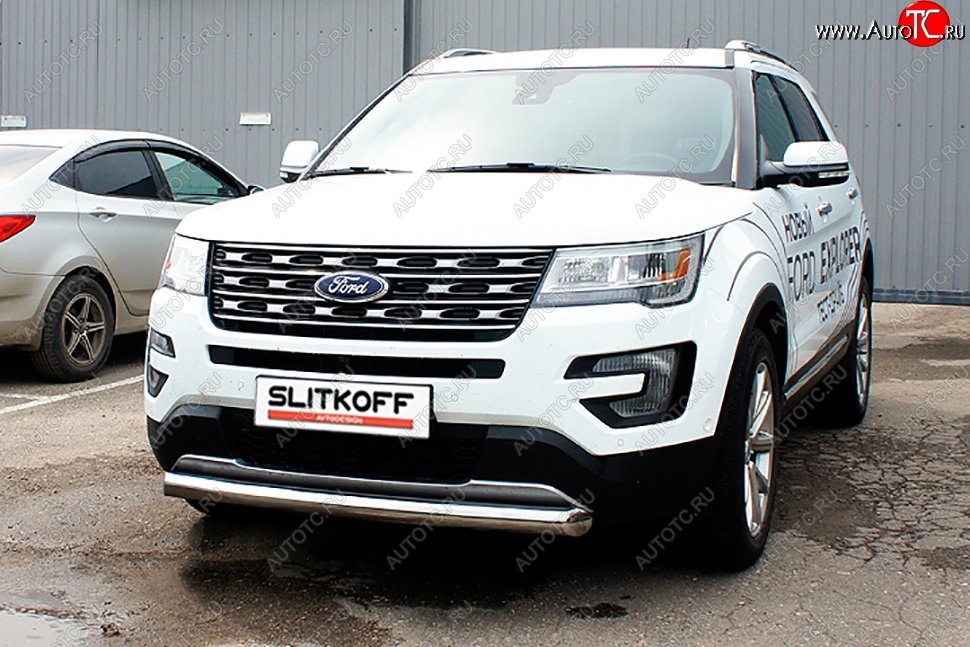 16 749 р. Защита переднего бампера Slitkoff (d76 мм)  Ford Explorer  U502 (2017-2019) 2-ой рестайлинг, 5 дв. (Нержавейка, Полированная)  с доставкой в г. Новочеркасск