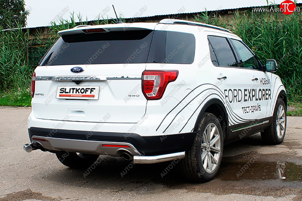 12 699 р. Защита заднего бампера Slitkoff (d76 мм, уголки)  Ford Explorer  U502 (2017-2019) 2-ой рестайлинг, 5 дв. (Нержавейка, Полированная)  с доставкой в г. Новочеркасск