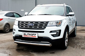 Защита переднего бампера Slitkoff (Ø 76 мм) Ford Explorer U502 2-ой рестайлинг, 5 дв. (2017-2019)  (Цвет: серебристый)