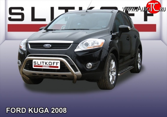 19 599 р. Усиленная низкая защита переднего бампера Slitkoff Ford Kuga 1 (2008-2013) (Нержавейка, Полированная)  с доставкой в г. Новочеркасск