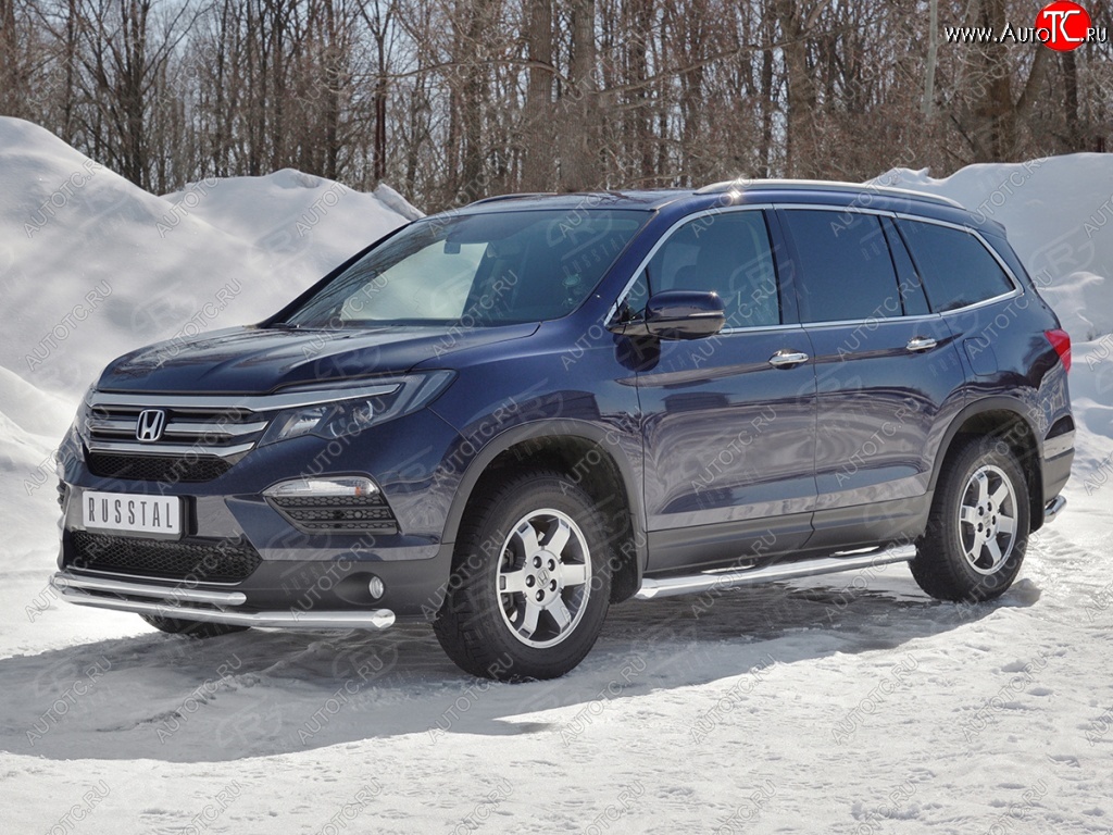 20 799 р. Защита переднего бампера (2 трубы Ø63 и 42 мм, нержавейка) SLITKOFF Honda Pilot YF6 дорестайлинг (2016-2019)  с доставкой в г. Новочеркасск