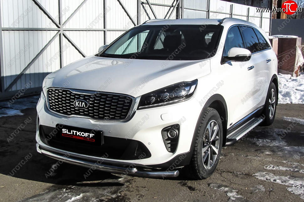 13 749 р. Защита переднего бампера Slitkoff (двойная, d57/42)  KIA Sorento  UM/Prime (2018-2020) рестайлинг (Нержавейка, Полированная)  с доставкой в г. Новочеркасск