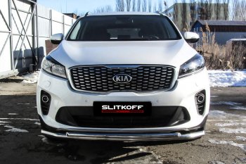 13 749 р. Защита переднего бампера Slitkoff (двойная, d57/42)  KIA Sorento  UM/Prime (2018-2020) рестайлинг (Нержавейка, Полированная)  с доставкой в г. Новочеркасск. Увеличить фотографию 2