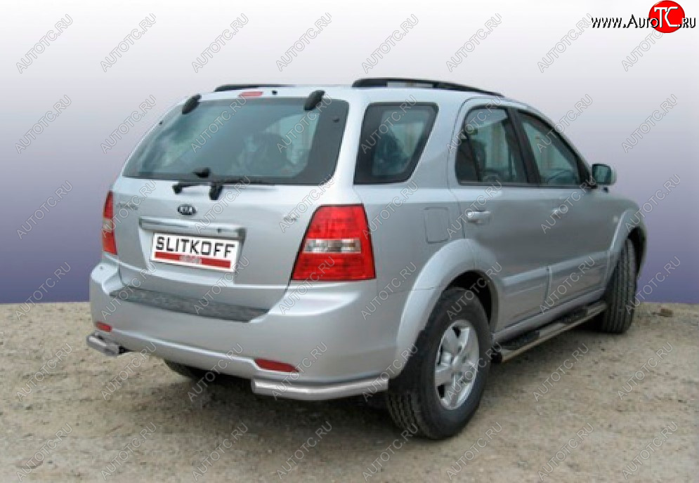 4 549 р. Защита заднего бампера Slitkoff (Ø 57 мм, уголки)  KIA Sorento  BL (2002-2006) дорестайлинг (Сталь с полимерным покрытием. Цвет: серебристый)  с доставкой в г. Новочеркасск