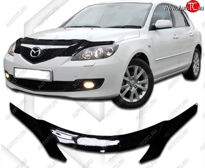 2 699 р. Дефлектор капота CA-Plastiс  Mazda 3/Axela  BK (2003-2009) дорестайлинг, хэтчбэк, рестайлинг, хэтчбэк (Classic черный, Без надписи)  с доставкой в г. Новочеркасск