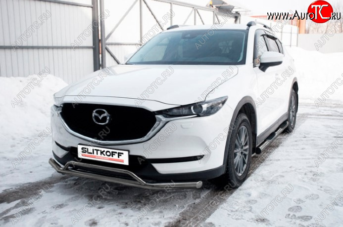 9 199 р. Защита переднего бампера Slitkoff (Ø 57+Ø 32, двойная). Mazda CX-5 KF (2016-2024) (Сталь с полимерным покрытием. Цвет: серебристый)  с доставкой в г. Новочеркасск