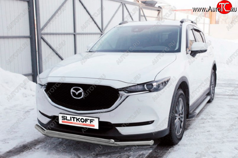 13 699 р. Защита переднего бампера Slitkoff (Ø 57+Ø 42, двойная). Mazda CX-5 KF (2016-2025) (Сталь с полимерным покрытием. Цвет: серебристый)  с доставкой в г. Новочеркасск