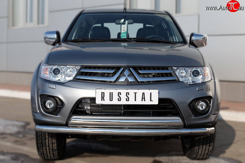 22 949 р. Защита переднего бампера (2 трубы Ø63 и 75х42 мм, нержавейка) Russtal Mitsubishi L200 5 KK,KL дорестайлинг (2015-2019)  с доставкой в г. Новочеркасск