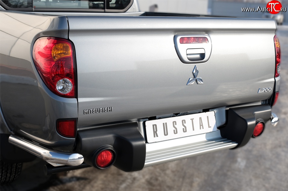 13 549 р. Защита заднего бампера (Ø63 мм уголки, нержавейка) Russtal Mitsubishi L200 5 KK,KL дорестайлинг (2015-2019)  с доставкой в г. Новочеркасск