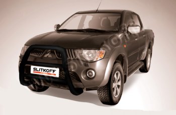 23 799 р. Защита переднего бампера Slitkoff (Ø76 мм, кенгурятник) Mitsubishi L200 4  дорестайлинг (2006-2014) (Цвет: черный)  с доставкой в г. Новочеркасск. Увеличить фотографию 1