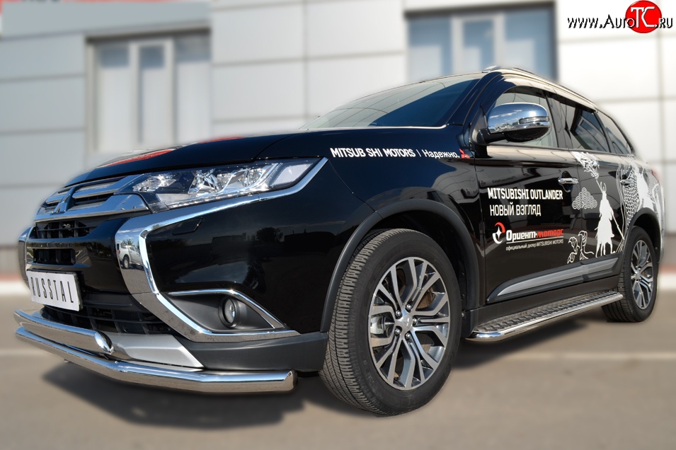 22 949 р. Защита переднего бампера (2 трубыØ75х42 и 63 мм, нержавейка) Russtal Mitsubishi Outlander GF 2-ой рестайлинг (2015-2018)  с доставкой в г. Новочеркасск