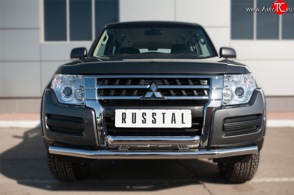 17 749 р. Защита переднего бампера (2 трубыØ63 мм, нержавейка) Russtal Mitsubishi Pajero 4 V90 2-ой рестайлинг (2014-2020)  с доставкой в г. Новочеркасск