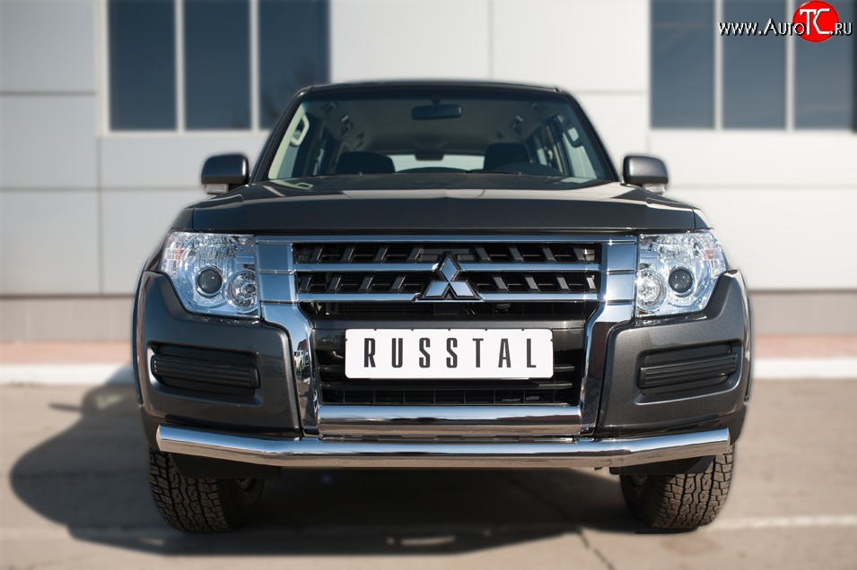 22 949 р. Защита переднего бампера (2 трубы Ø76 и 75х42 мм, нержавейка) Russtal Mitsubishi Pajero 4 V90 2-ой рестайлинг (2014-2020)  с доставкой в г. Новочеркасск