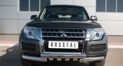 Защита переднего бампера (2 трубы Ø76 мм с зубами, нержавейка) Russtal Mitsubishi Pajero 4 V90 2-ой рестайлинг (2014-2020)