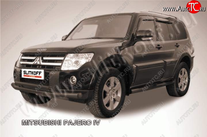 9 799 р. Защита переднего бампер Slitkoff Mitsubishi Pajero 4 V90 дорестайлинг (2006-2011) (Цвет: серебристый)  с доставкой в г. Новочеркасск