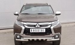 Защита переднего бампера (2 трубы Ø63 мм с зубами, нержавейка) Russtal Mitsubishi Pajero Sport QE дорестайлинг (2015-2021)