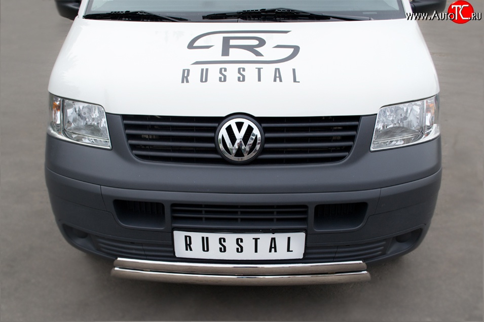 22 299 р. Защита переднего бампера (2 трубыØ75х42 мм, нержавейка) Russtal Volkswagen Transporter T5 дорестайлинг (2003-2009)  с доставкой в г. Новочеркасск