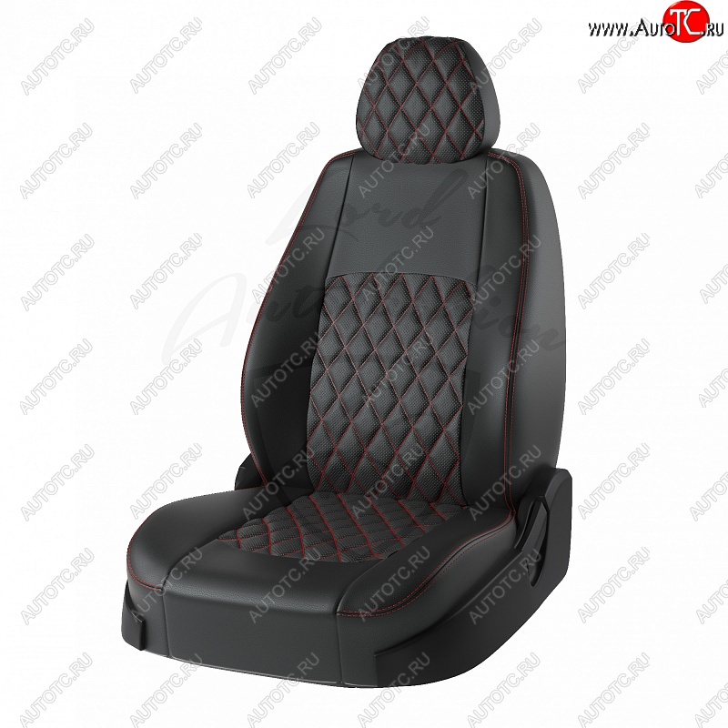 7 999 р. Чехлы для сидений (G11/G15) Lord Autofashion Турин Ромб (экокожа)  Nissan Almera  G15 (2012-2019) седан (Чёрный, вставка чёрная, строчка красная)  с доставкой в г. Новочеркасск