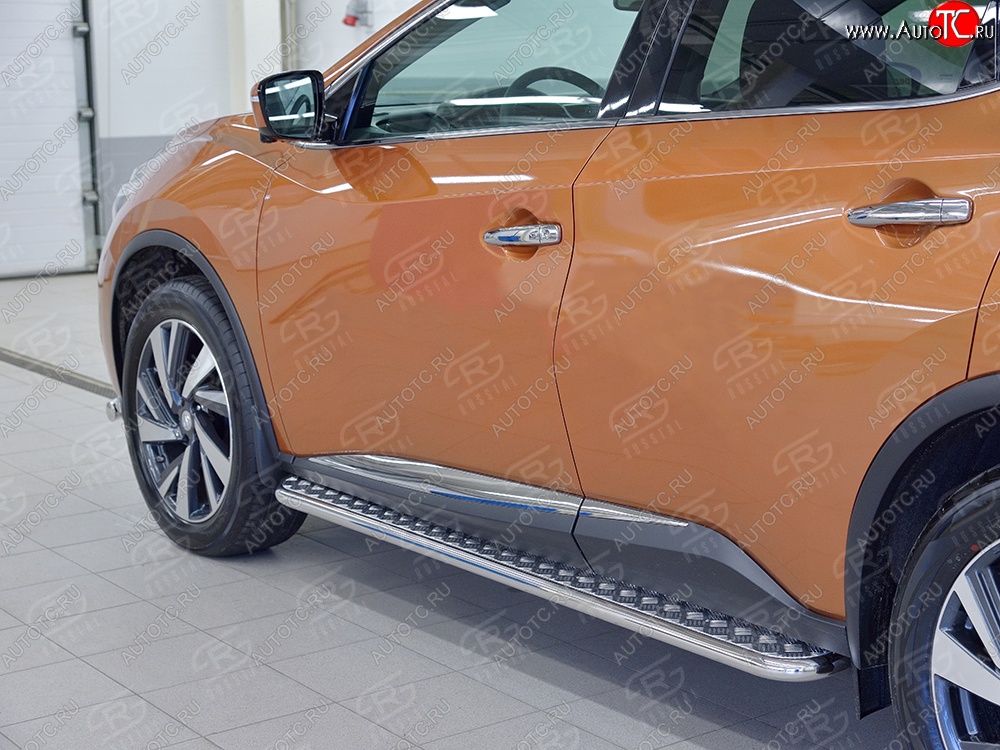 21 699 р. Порожки для ног (Ø42) SLITKOFF Nissan Murano 3 Z52 дорестайлинг (2015-2022) (лист - алюминий, профиль - нержавейка)  с доставкой в г. Новочеркасск