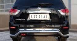 8 649 р. Защита заднего бампера (Ø63 мм волна, нержавейка) Russtal  Nissan Pathfinder  R52 (2012-2017) дорестайлинг  с доставкой в г. Новочеркасск. Увеличить фотографию 4