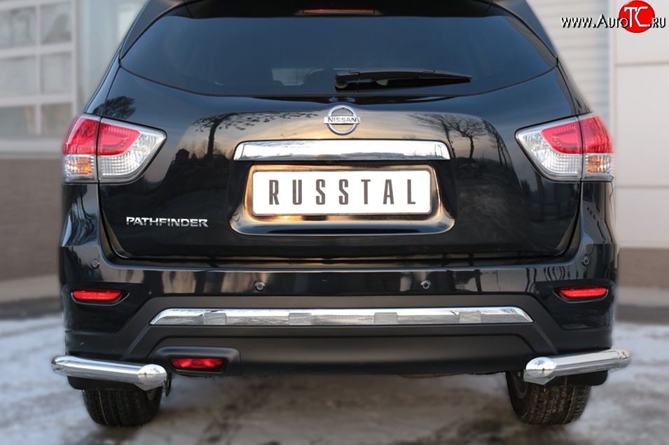 6 399 р. Защита заднего бампера (Ø63 мм уголки, нержавейка) Russtal Nissan Pathfinder R52 дорестайлинг (2012-2017)  с доставкой в г. Новочеркасск