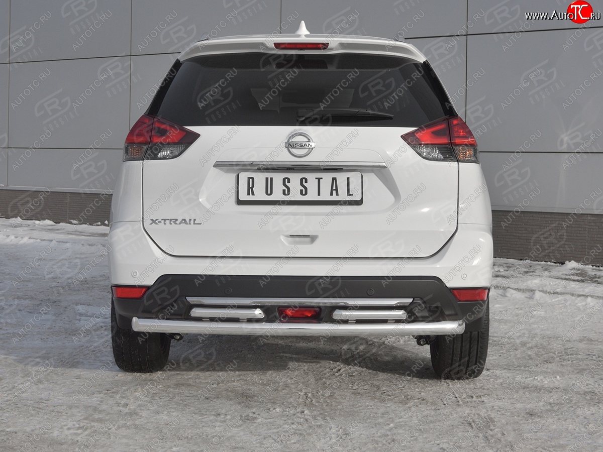 14 599 р. Защита заднего бампера (Ø63 и 42 мм , нержавейка) RUSSTAL Nissan X-trail 3 T32 рестайлинг (2017-2022)  с доставкой в г. Новочеркасск