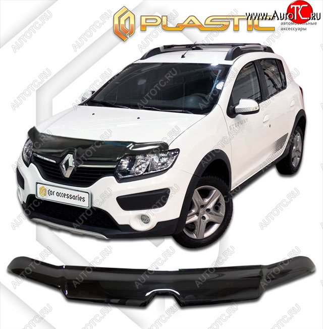 2 379 р. Дефлектор капота CA-Plastic  Renault Sandero Stepway  (B8) (2014-2022) дорестайлинг, рестайлинг (classic черный, без надписи)  с доставкой в г. Новочеркасск