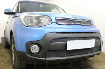 4 649 р. Защитная сетка в бампер (2 части, ячейка 3х7 мм) Alfeco Стандарт  KIA Soul  PS (2017-2019) рестайлинг (Чёрная)  с доставкой в г. Новочеркасск. Увеличить фотографию 2