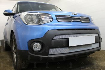 4 799 р. Защитная сетка в бампер (2 части, ячейка 3х7 мм) Alfeco Стандарт  KIA Soul  PS (2017-2019) рестайлинг (Хром)  с доставкой в г. Новочеркасск. Увеличить фотографию 2