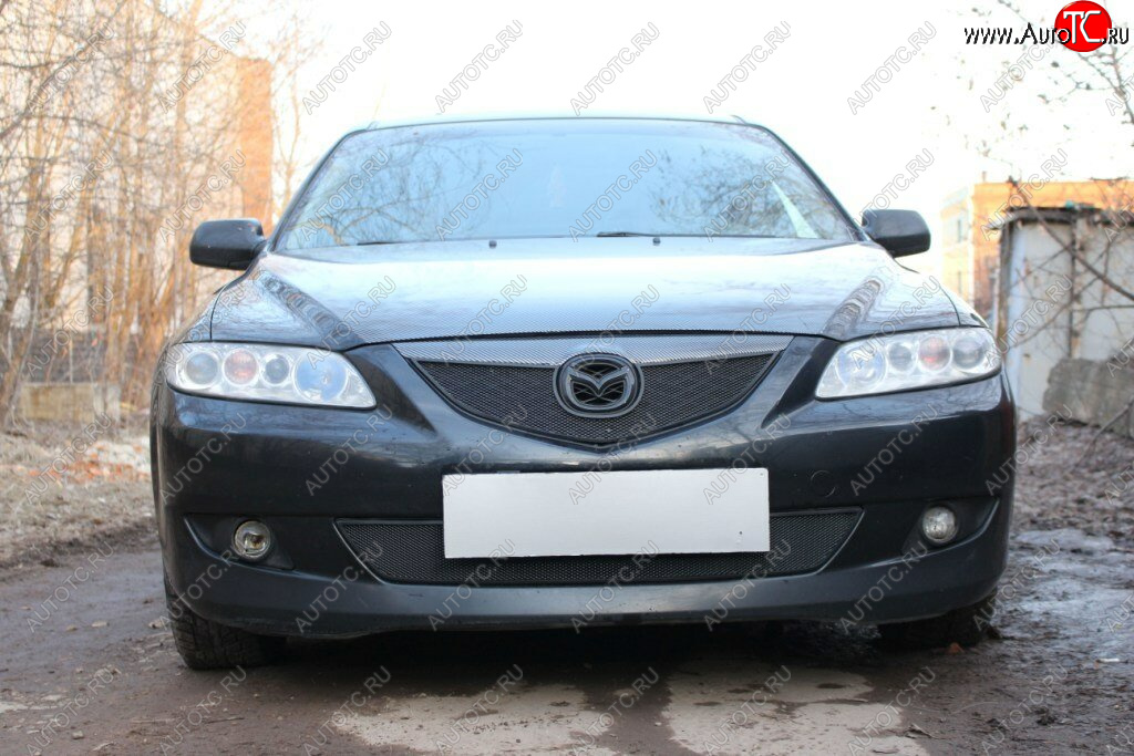 3 099 р. Защитная сетка в бампер (верх, ячейка 3х7 мм) Alfeco Стандарт Mazda 6 GG седан дорестайлинг (2002-2005) (Чёрная)  с доставкой в г. Новочеркасск