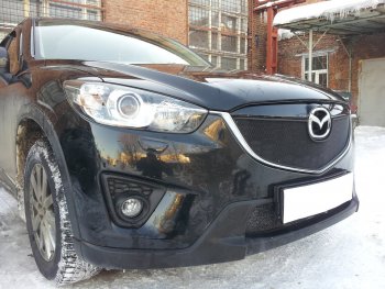 3 399 р. Защитная сетка в бампер (верх, ячейка 3х7 мм) Alfeco Стандарт Mazda CX-5 KE дорестайлинг (2011-2014) (Чёрная)  с доставкой в г. Новочеркасск. Увеличить фотографию 3