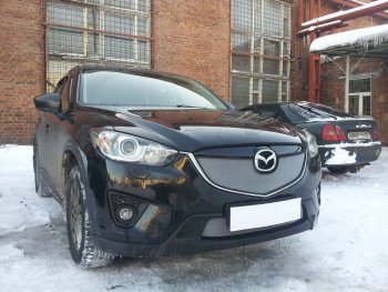 3 589 р. Защитная сетка в бампер (верх, ячейка 3х7 мм) Alfeco Стандарт Mazda CX-5 KE дорестайлинг (2011-2014) (Хром)  с доставкой в г. Новочеркасск. Увеличить фотографию 3