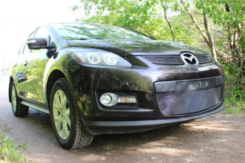 3 199 р. Защитная сетка в бампер (низ, ячейка 3х7 мм) Alfeco Стандарт Mazda CX-7 ER дорестайлинг (2006-2010) (Чёрная)  с доставкой в г. Новочеркасск. Увеличить фотографию 2