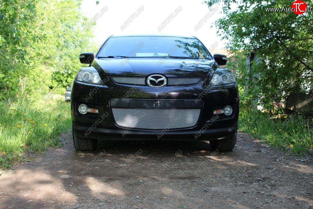 3 399 р. Защитная сетка в бампер (низ, ячейка 3х7 мм) Alfeco Стандарт Mazda CX-7 ER дорестайлинг (2006-2010) (Хром)  с доставкой в г. Новочеркасск