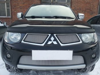 Защитная сетка в бампер (низ, ячейка 3х7 мм) Alfeco Стандарт Mitsubishi L200 4  дорестайлинг (2006-2014)  (Хром)