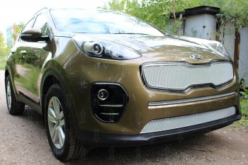 4 799 р. Защитная сетка в бампер (низ, ячейка 4х10 мм) Alfeco Премиум  KIA Sportage  4 QL (2016-2018) дорестайлинг (Хром)  с доставкой в г. Новочеркасск. Увеличить фотографию 2